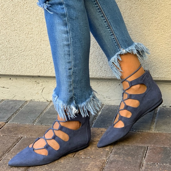 Denim Blue Pointy Toe Lace Up Classic Ballet Flats - Picture 8 of 8